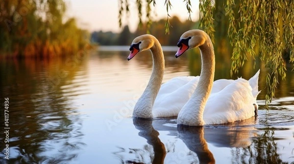 Fototapeta Two swans on a lake at sunset, willow branches overhead