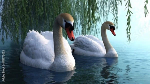 Fototapeta Two swans on water, under weeping willow, peaceful scene