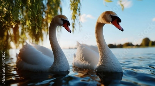 Fototapeta Two swans on a lake at sunset, willow tree backdrop.  Possible use nature, romance, serenity