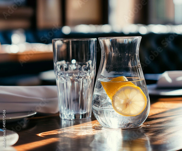 Obraz a photograph of a table in an expensive restaurant with a carafe of water with lemon inside and a clear glass on it