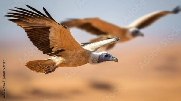 Fototapeta Two vultures in flight over a desert landscape