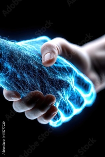 Fototapeta Abstract digital handshake depicted as intertwining blue energy beams on a dark blue background - strategy network wave team