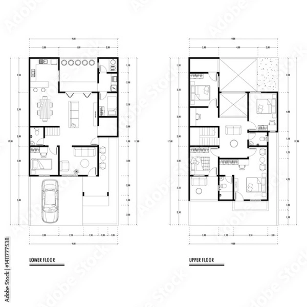 Fototapeta Black and White floor plan of a modern unfurnished house for your design. Suburban house vector blueprint. Architectural background.