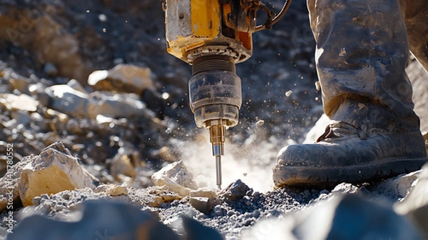 Fototapeta Mining laborer using a pneumatic drill to break apart rocks containing lithium ore at the site. Featuring pneumatic drilling