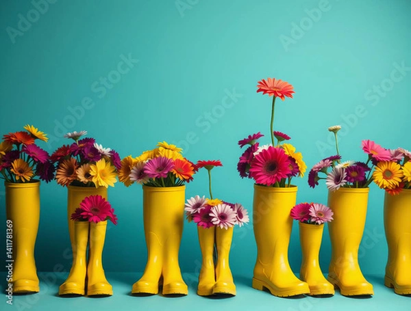 Fototapeta colorful still life photograph featuring a row of nine bright yellow rubber boots, each filled with an array of diverse and colorful flowers