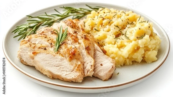Fototapeta A plate featuring grilled chicken breast garnished with fresh rosemary, accompanied by a generous serving of creamy mashed potatoes.