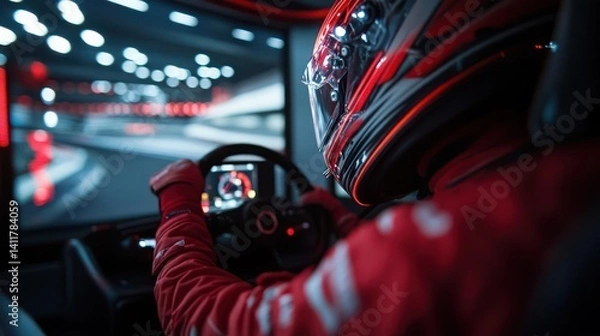 Fototapeta A focused view of a person dressed in racing gear, helmeted, gripping a steering wheel with red gloves, immersed in a racing simulation setup, set against a blurred background of a track with red