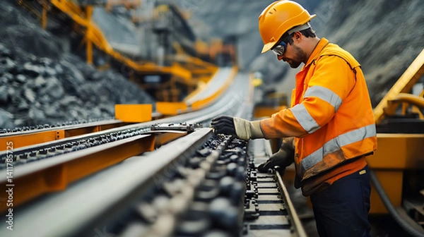 Fototapeta Mining site technician performing maintenance on a conveyor belt for lithium ore transport. Featuring equipment upkeep