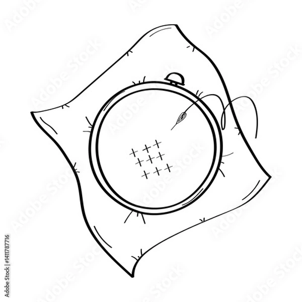 Obraz Cross-stitch embroidery hoop and canvas. Vector doodle illustration. Print for design. Isolate on a white background.