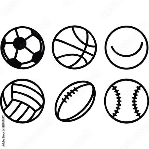 Fototapeta Six hand-drawn icons of popular sports balls: soccer, basketball, tennis, volleyball, rugby, and baseball.
