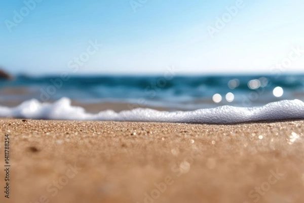 Fototapeta Close-up shot captures the sandy beach as waves gently roll in from the sea. The clear blue sky provides a serene backdrop, enhancing the tranquil atmosphere of the scene, focusing on the natural