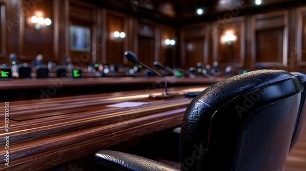 Fototapeta Formal meeting room, microphones, wooden table, blurred background of attendees.  Possible use business, policy, political stock