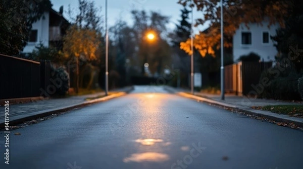 Fototapeta A wet asphalt street at dusk, reflecting a soft orange glow from streetlights. Houses with warm lighting peek through the trees, creating a cozy atmosphere. The scene emphasizes the calm and quiet of