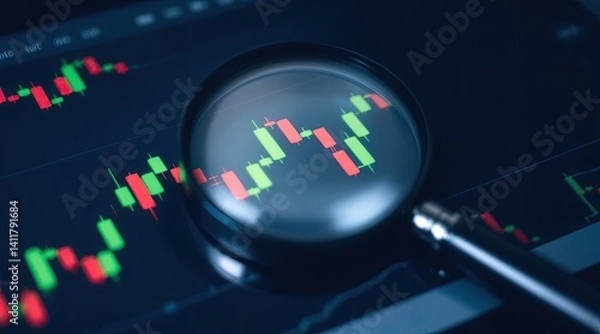 Fototapeta A close-up view of financial data with a magnifying glass highlighting trends.