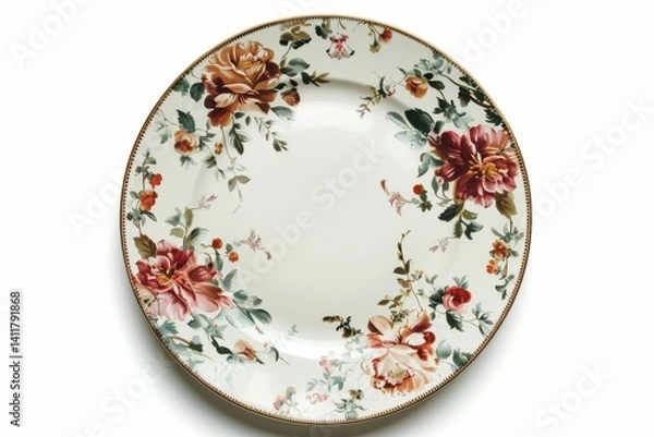 Fototapeta Delicate floral china plate with vibrant rose patterns, ideal for elegant dining experiences and vintage table settings isolated on transparent background
