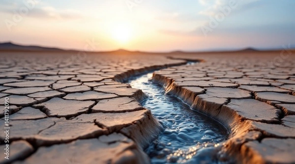 Fototapeta A landscape of cracked earth with a small stream expressing nature's beauty and resilience.
