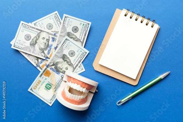 Fototapeta Flat lay composition with educational dental typodont model and money with notebook on colored table, top view. Expensive treatment