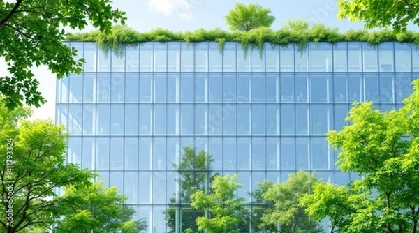 Fototapeta Modern eco-friendly building with lush greenery on the rooftop and transparent glass facade.