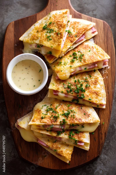 Fototapeta Crispy ham and cheddar quesadilla with parmesan crust and creamy carbonara sauce offering a rich flavorful twist on a classic Mexican style snack
