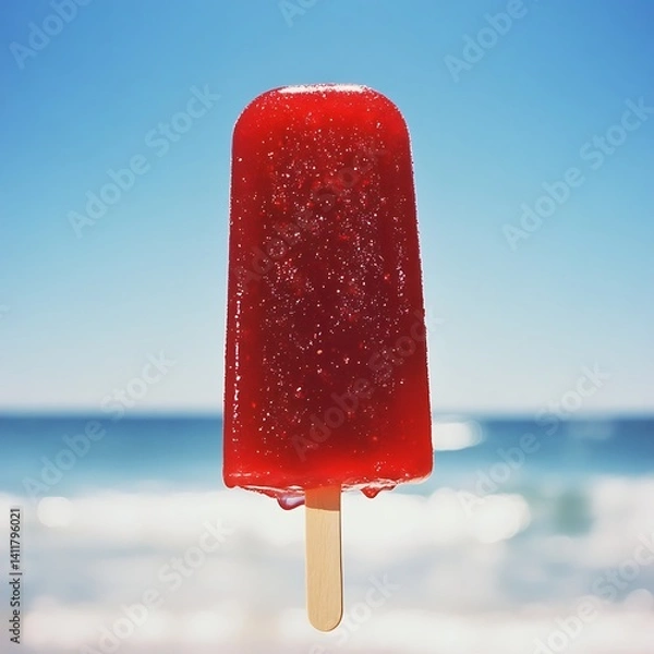 Obraz A vibrant red popsicle with no ice cream inside, on the beach in California