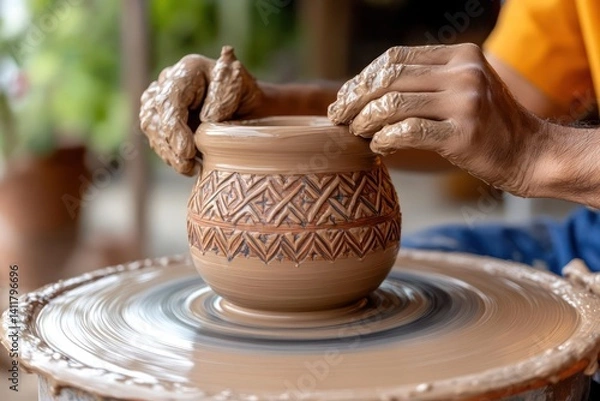 Fototapeta Close-up shot featuring an artisan shaping a clay pot on a spinning pottery wheel. The artist's hands, covered in clay, mold the pot, revealing intricate designs. Soft, natural light enhances the