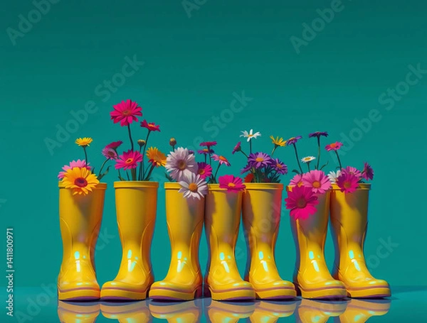 Fototapeta colorful still life photograph featuring a row of nine bright yellow rubber boots, each filled with an array of diverse and colorful flowers