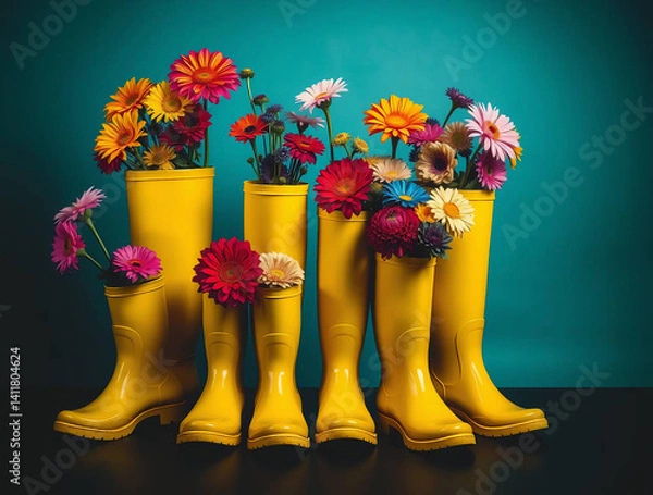 Fototapeta colorful still life photograph featuring a row of nine bright yellow rubber boots, each filled with an array of diverse and colorful flowers