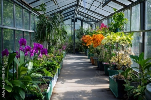 Obraz Vibrant orchids and potted plants create a lush display inside a sunlit greenhouse, showcasing the beauty of cultivated flora