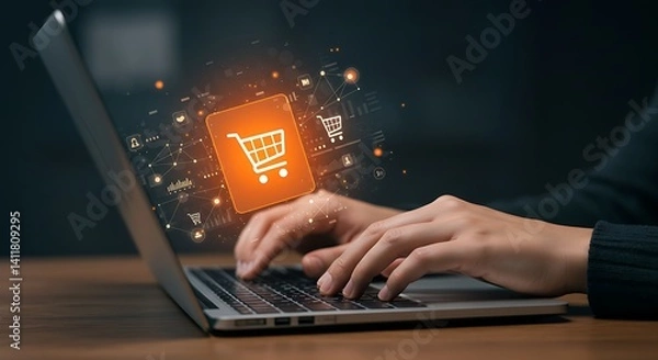 Fototapeta Hands typing on a laptop are central to this image representing online shopping, highlighted by a glowing shopping cart and digital icons