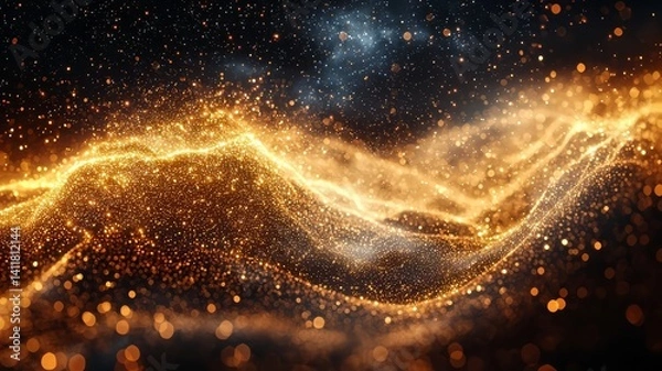 Fototapeta Dynamic golden waves of light and sparkles create a mesmerizing abstract background, perfect for technology, luxury, or creative design themes.