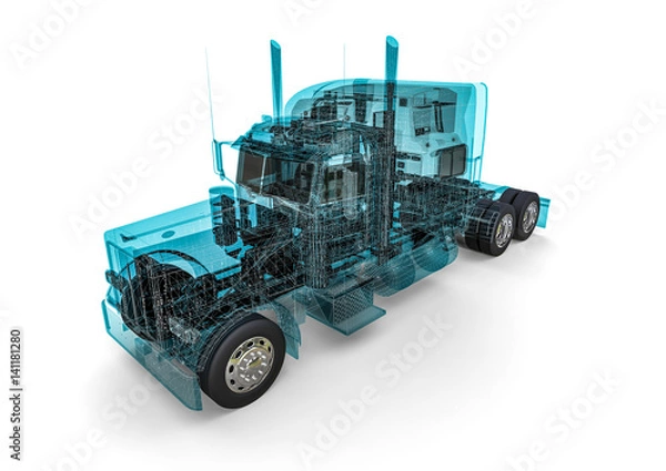 Fototapeta 3D render image representing an american truck in wire frame / Wire frame american truck
