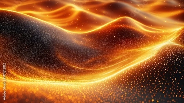 Fototapeta Abstract glowing waves of golden light with shimmering particles, creating a dynamic and captivating visual for modern design and technology themes.