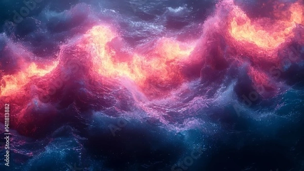 Obraz Vibrant Ocean Waves: A mesmerizing display of swirling blue and fiery pink hues, capturing the dynamic beauty of natures power and tranquility.