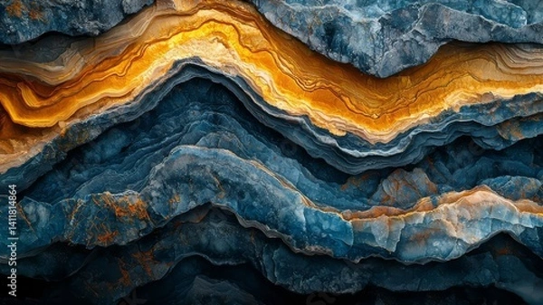 Obraz Stunning layered rock formations showcasing rich blue and golden hues, perfect for nature-themed designs and backgrounds.