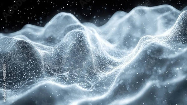 Obraz Abstract digital landscape with flowing waves of light and particles, creating a serene and futuristic atmosphere for technology and design themes.