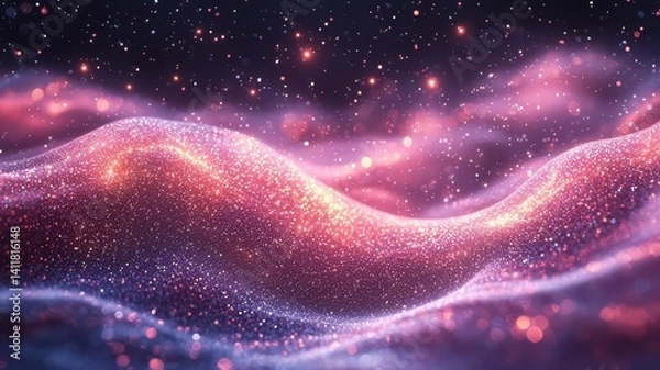 Obraz Dreamy cosmic landscape with shimmering waves of pink and purple stardust, evoking a sense of wonder and tranquility in a celestial setting.