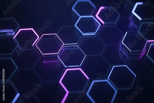 Fototapeta Glowing neon hexagonal network forming futuristic digital interface, abstract high-tech pattern with vibrant purple and blue colors

