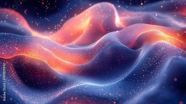 Obraz Abstract waves of vibrant colors and sparkling particles create a mesmerizing visual landscape, perfect for technology and creative themes.