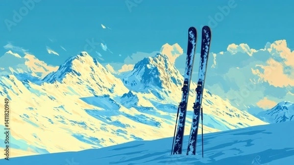 Fototapeta Pair of skis with poles planted in snow, alpine mountain in background