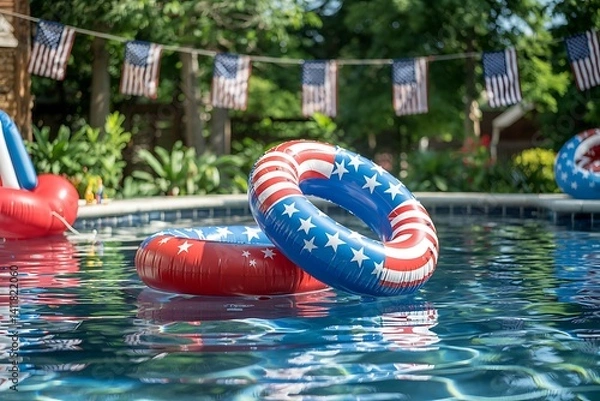 Fototapeta Vibrant swimming pool with red, blue inflatables, American flags, festive 4th of July celebration

