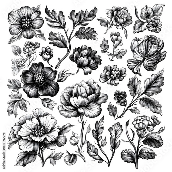 Fototapeta Floral Flourish: A captivating arrangement of intricately drawn floral elements, bursting with delicate petals and lush foliage, offering a timeless aesthetic.