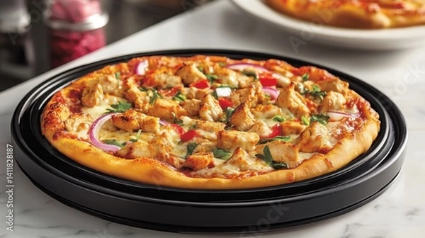 Fototapeta A delicious chicken pizza with melted cheese on a black plate, presenting a savory and satisfying meal.