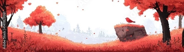 Fototapeta Vibrant Autumn Landscape with Red Trees, Stone, and a Bird Against a Soft Background