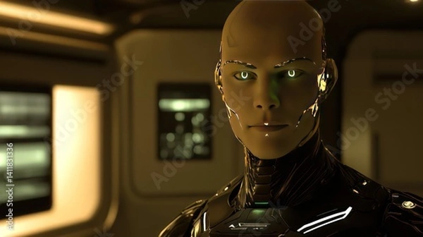 Fototapeta Realistic humanoid robot with calm expression and glowing eyes, set in a sleek, high-tech environment. Futuristic and serene.

