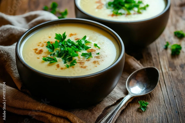 Fototapeta Creamy soup in a black bowl garnished with fresh green herbs served on a rustic wooden table surface