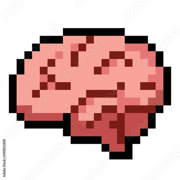 Fototapeta Pixelated illustration of a human brain in retro 8 bit style. Represents thinking, intelligence, creativity, mental health, and cognitive function. Perfect for mobile games, educational content