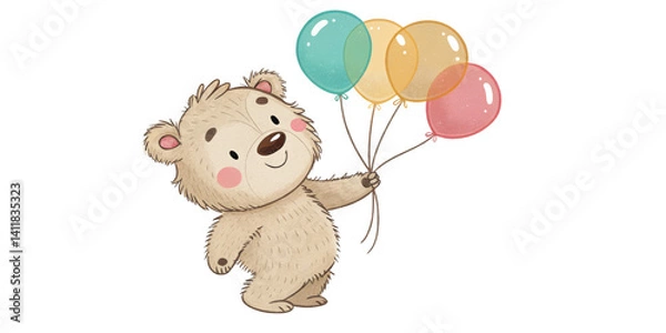 Fototapeta Cute Bear Holding Balloons, Watercolor Illustration, Isolated on Transparent Background, Digital Painting, Children's Book, Bear, Balloons, Illustration
