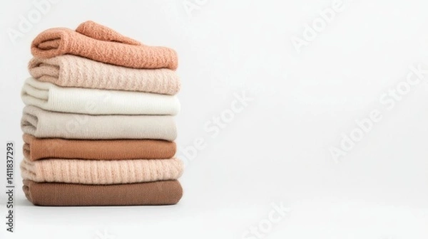 Fototapeta Stacked Cozy Towels in Earthy Tones for Home Decor and Wellness Relaxation