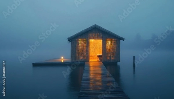 Fototapeta Small Woven Wooden House Floating on Foggy Lake, Dock Leading to It Illuminated by Warm Interior Light, Dark Interior with Backlit Lights Creating Calm, Mysterious Atmosphere, Surrounded by Blue Water