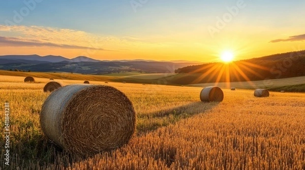 Obraz Serene Sunset Over Rolling Fields with Hay Bales and Mountain Range in Background